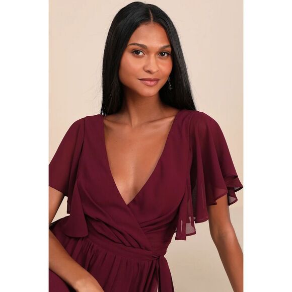 Lulus Convincing Grace Burgundy Flutter Sleeve Wrap Maxi Dress Size XL NWT - Picture 4 of 9